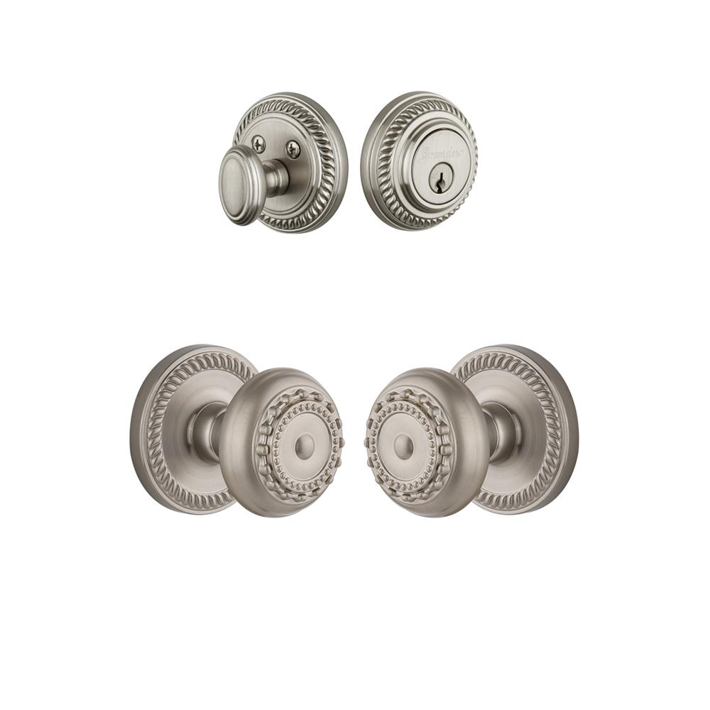 Grandeur by Nostalgic Warehouse Single Cylinder Combo Pack Keyed Differently - Newport Rosette with Parthenon Knob and Matching Deadbolt in Satin Nickel